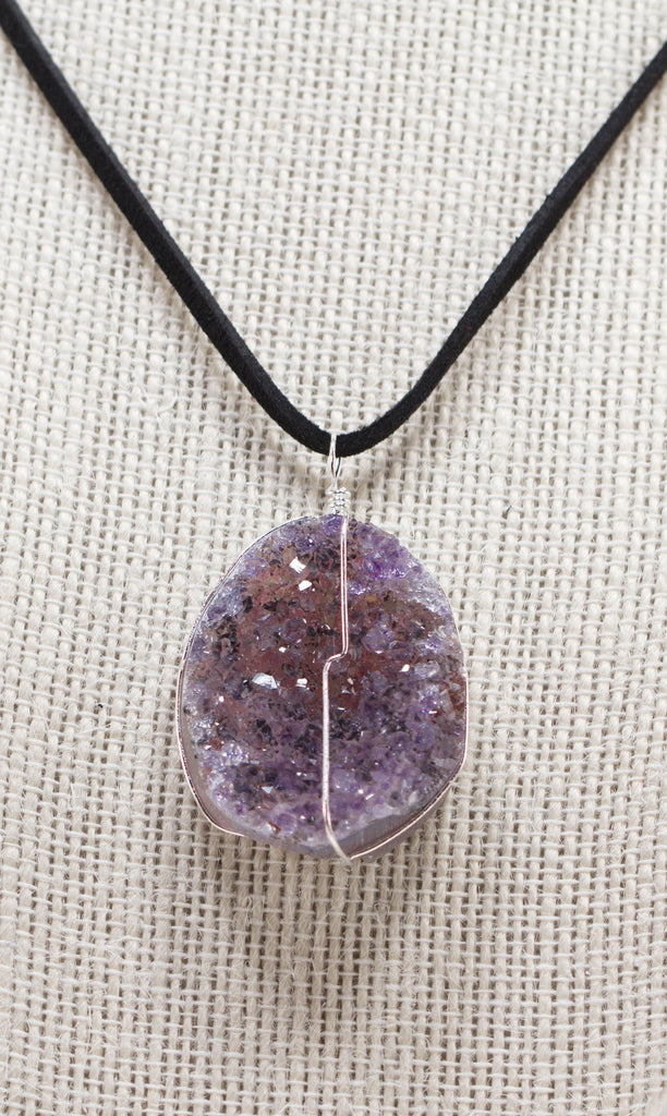 Druse Crystal Pendant on Leather Necklace 