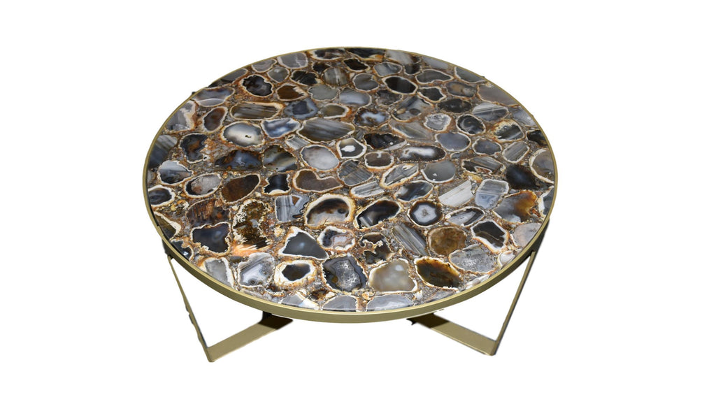 Round Agate Composite Coffee Table with Powdered Gold Trim 