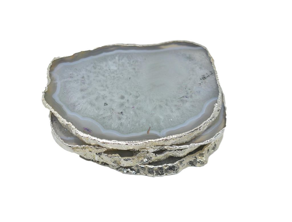 Natural White Agate Gnarled Coasters with Silver Trim, Set of 4 